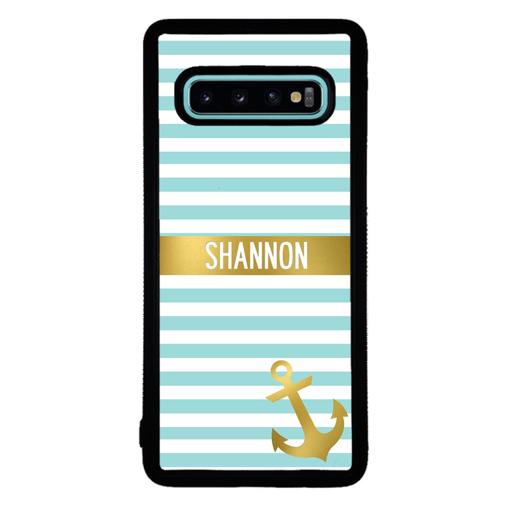 Teal White Bars Anchor Personalized Samsung Phone Case