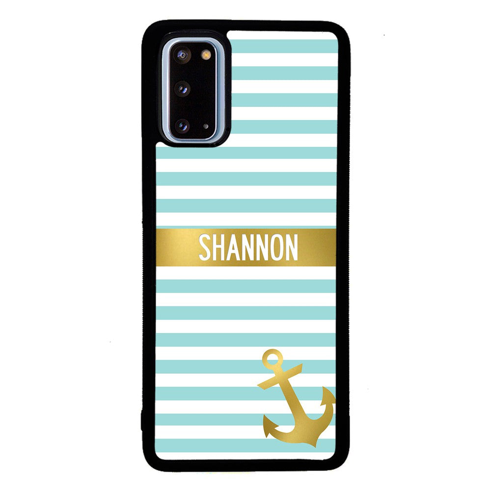 Teal White Bars Anchor Personalized Samsung Phone Case