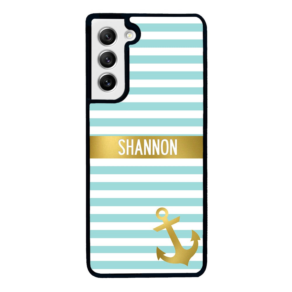 Teal White Bars Anchor Personalized Samsung Phone Case