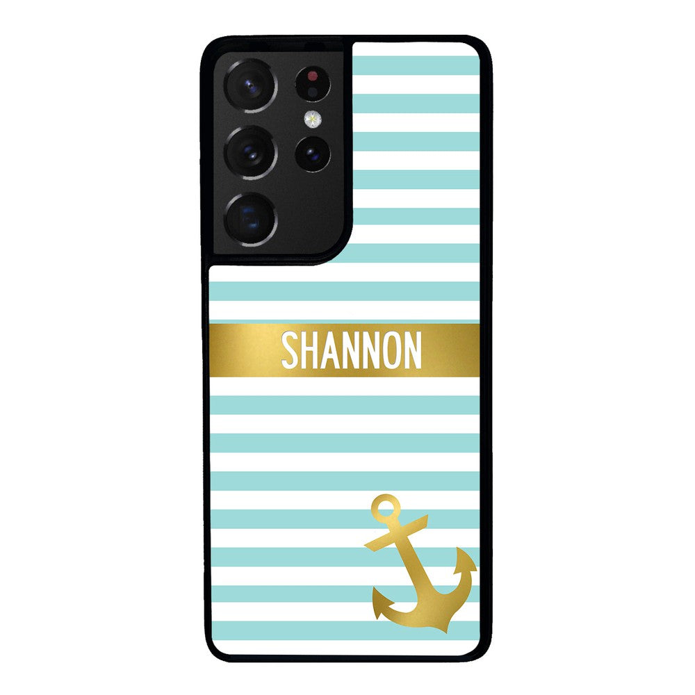 Teal White Bars Anchor Personalized Samsung Phone Case