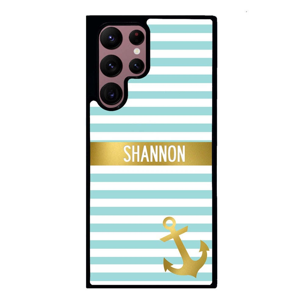 Teal White Bars Anchor Personalized Samsung Phone Case