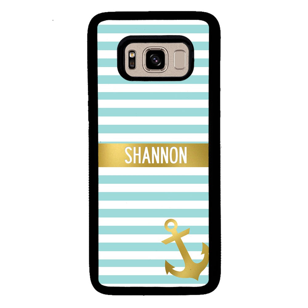 Teal White Bars Anchor Personalized Samsung Phone Case