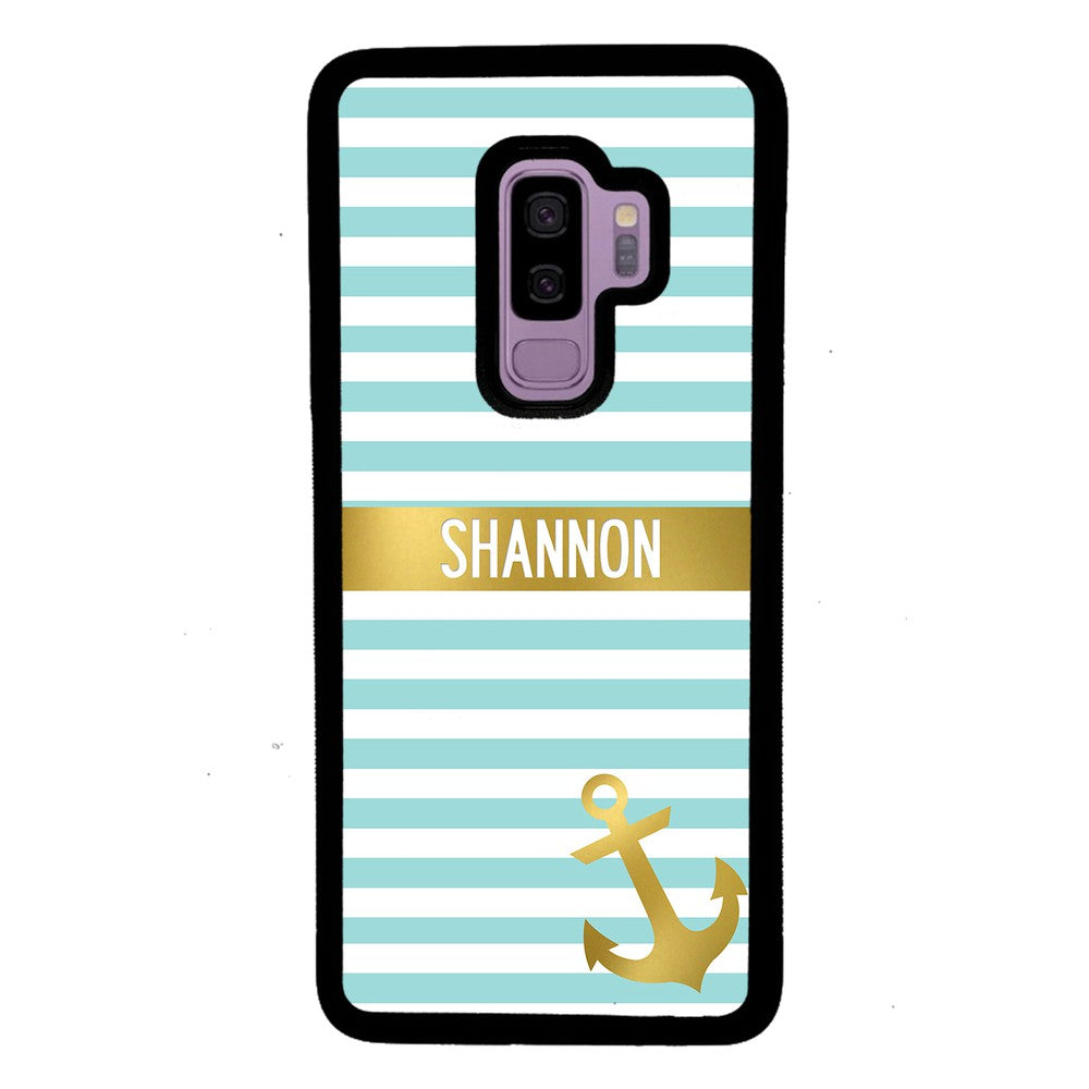 Teal White Bars Anchor Personalized Samsung Phone Case