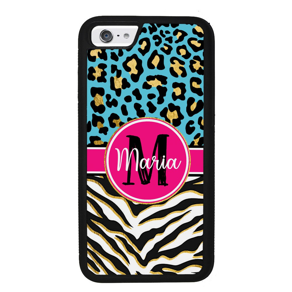 Blue Gold Foil Leopard and Zebra Skin Personalized Apple iPhone Case