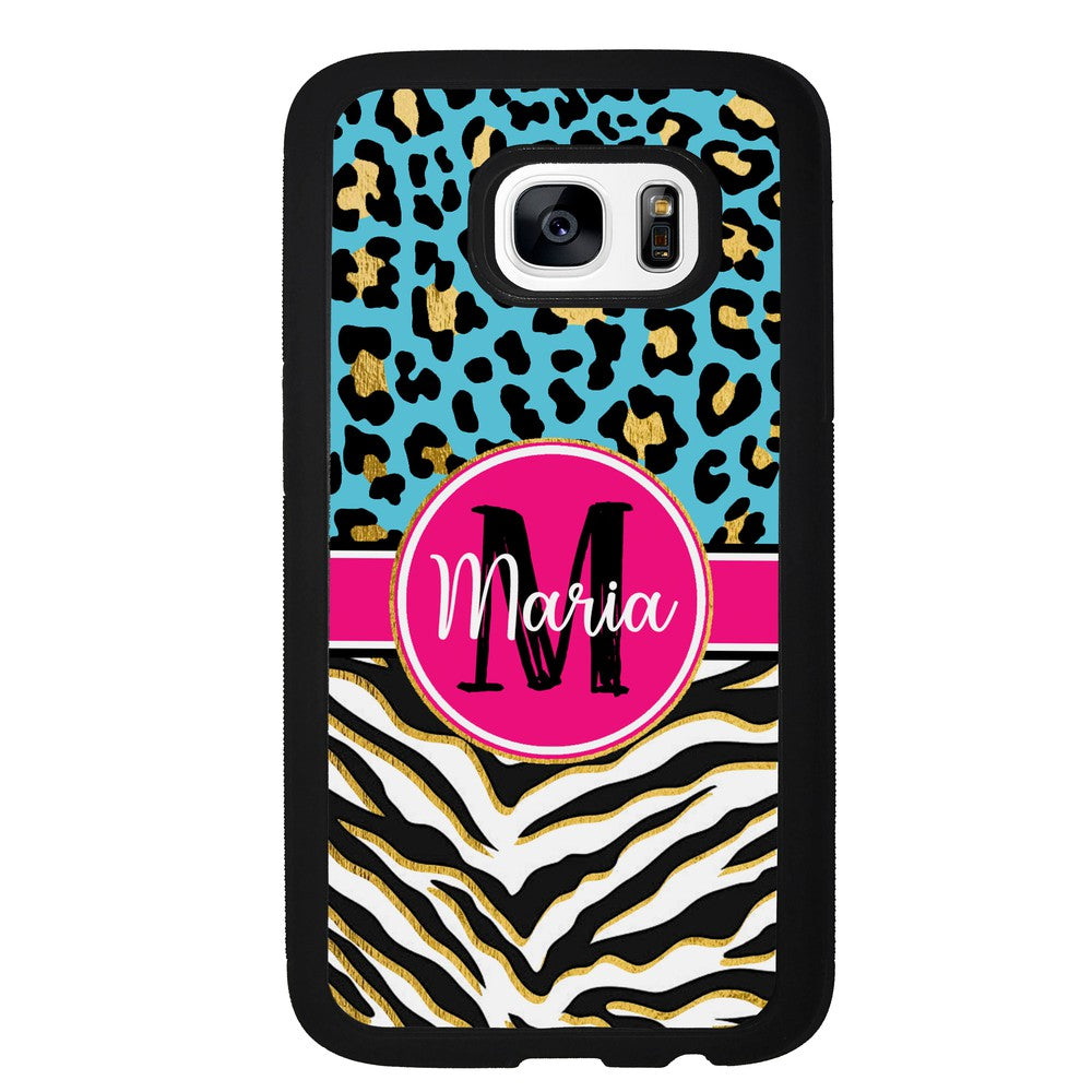 Blue Gold Foil Leopard and Zebra Skin Personalized Samsung Phone Case