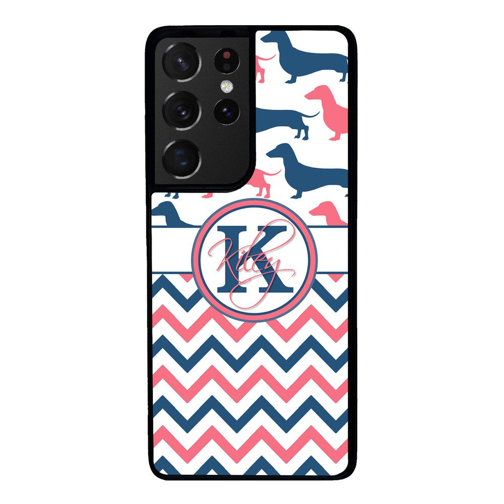 Dachshund Pink and Blue Chevron Personalized Samsung Phone Case