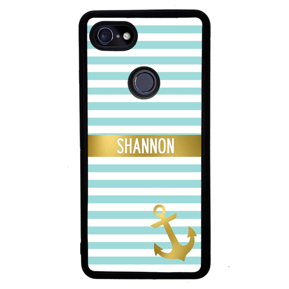 Teal White Bars Anchor Personalized Google Phone Case