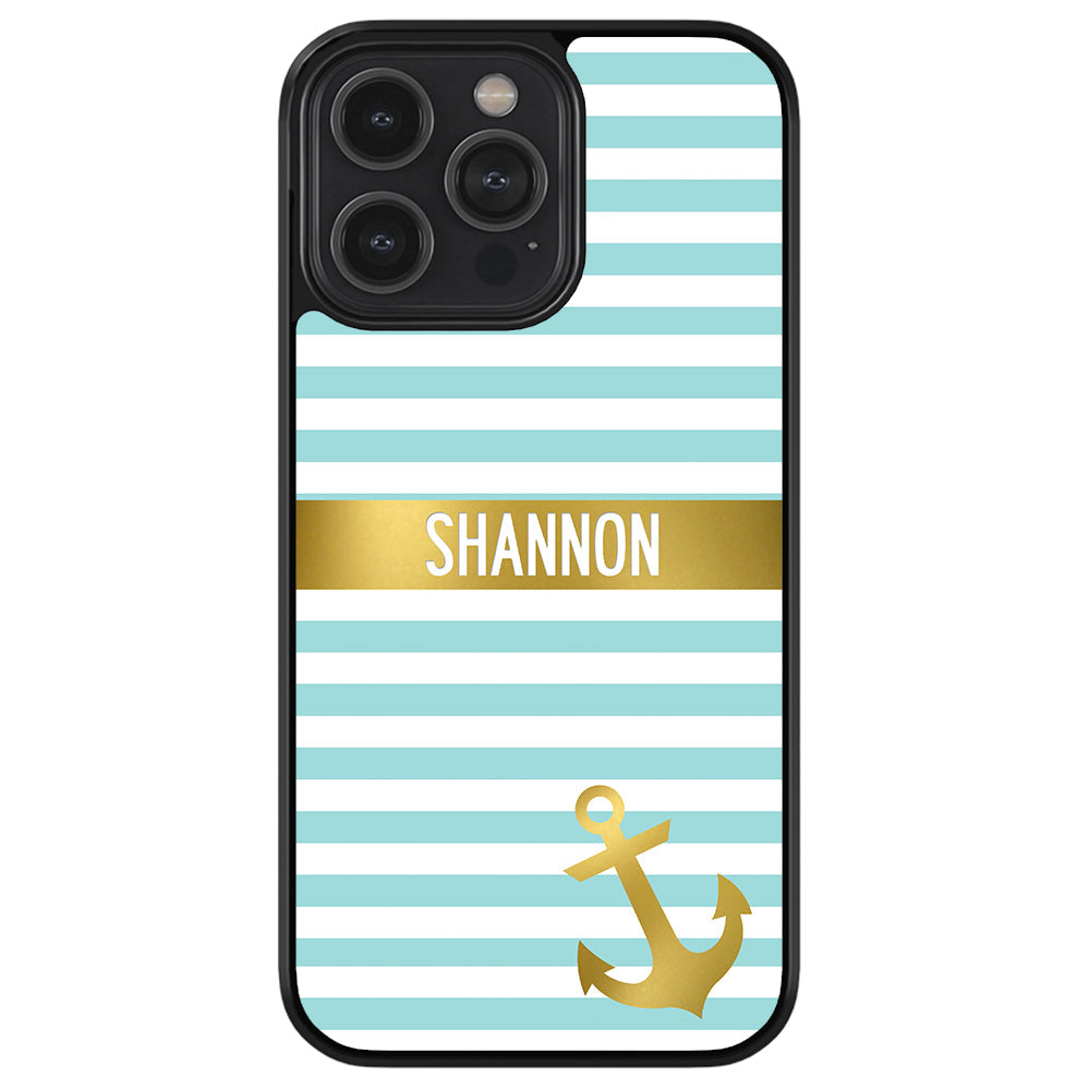 Teal White Bars Anchor Personalized Apple iPhone Case