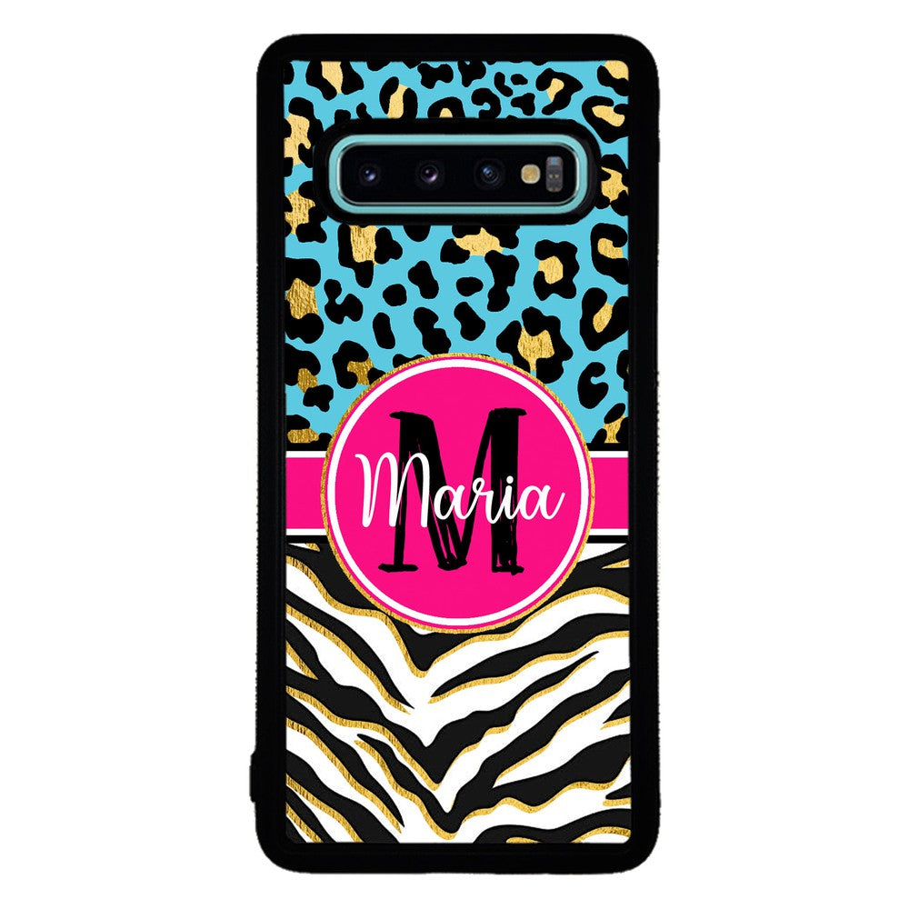 Blue Gold Foil Leopard and Zebra Skin Personalized Samsung Phone Case