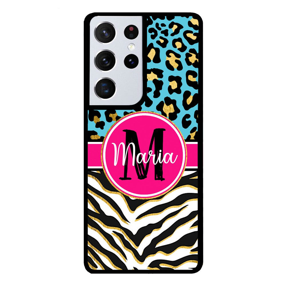Blue Gold Foil Leopard and Zebra Skin Personalized Samsung Phone Case