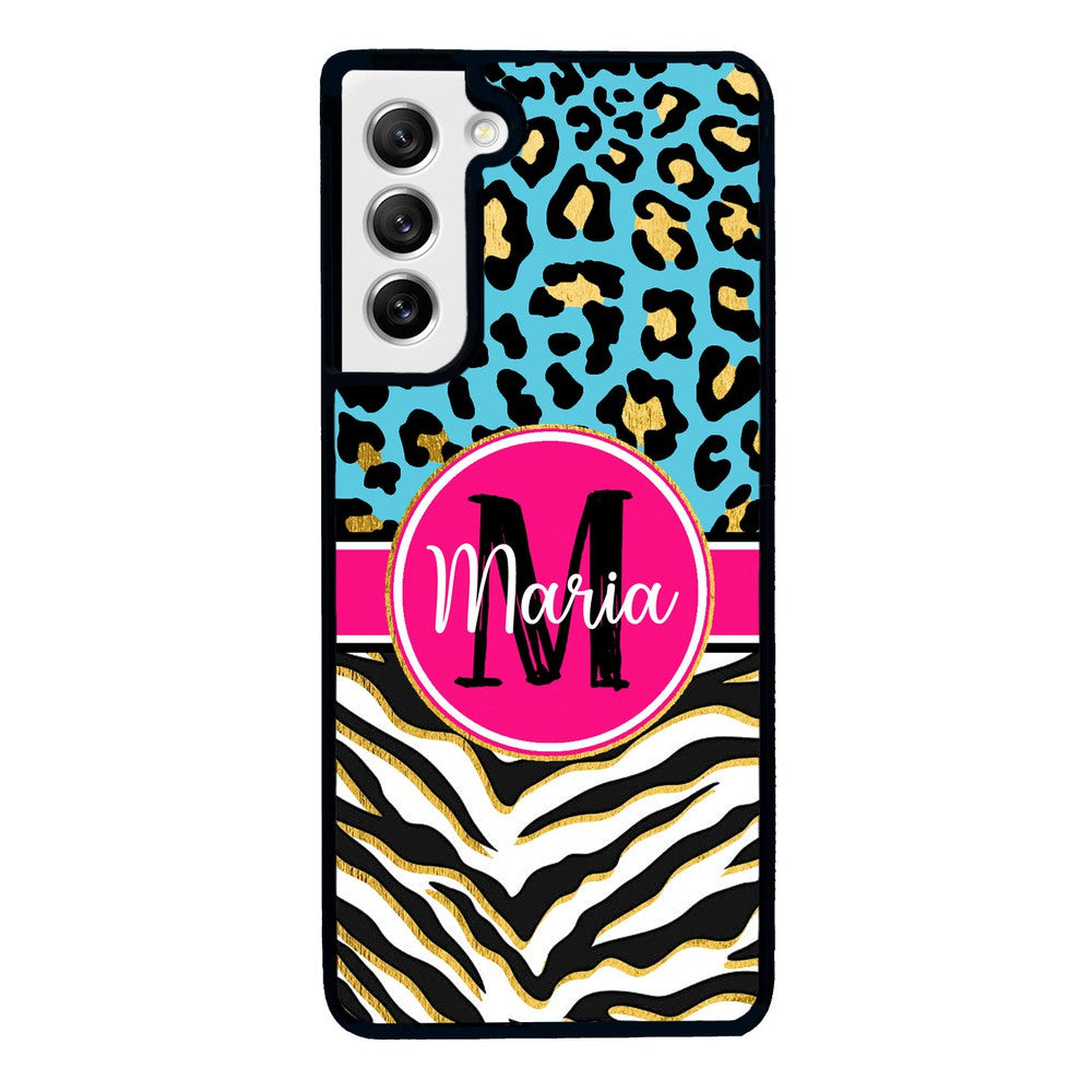 Blue Gold Foil Leopard and Zebra Skin Personalized Samsung Phone Case