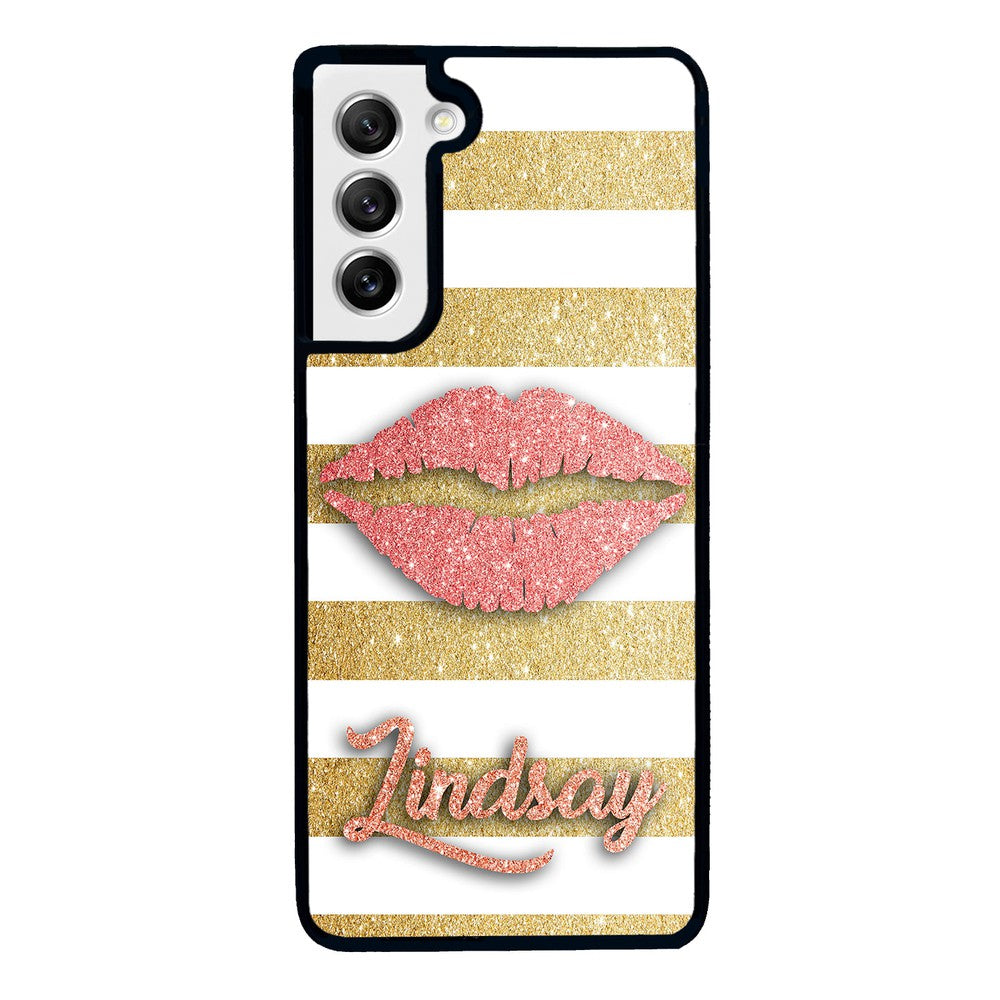 Red Glitter Lips Gold Bars Personalized Samsung Phone Case