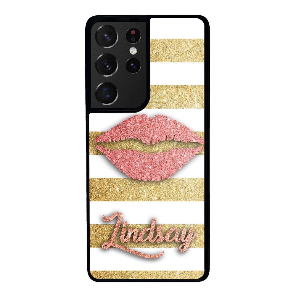 Red Glitter Lips Gold Bars Personalized Samsung Phone Case
