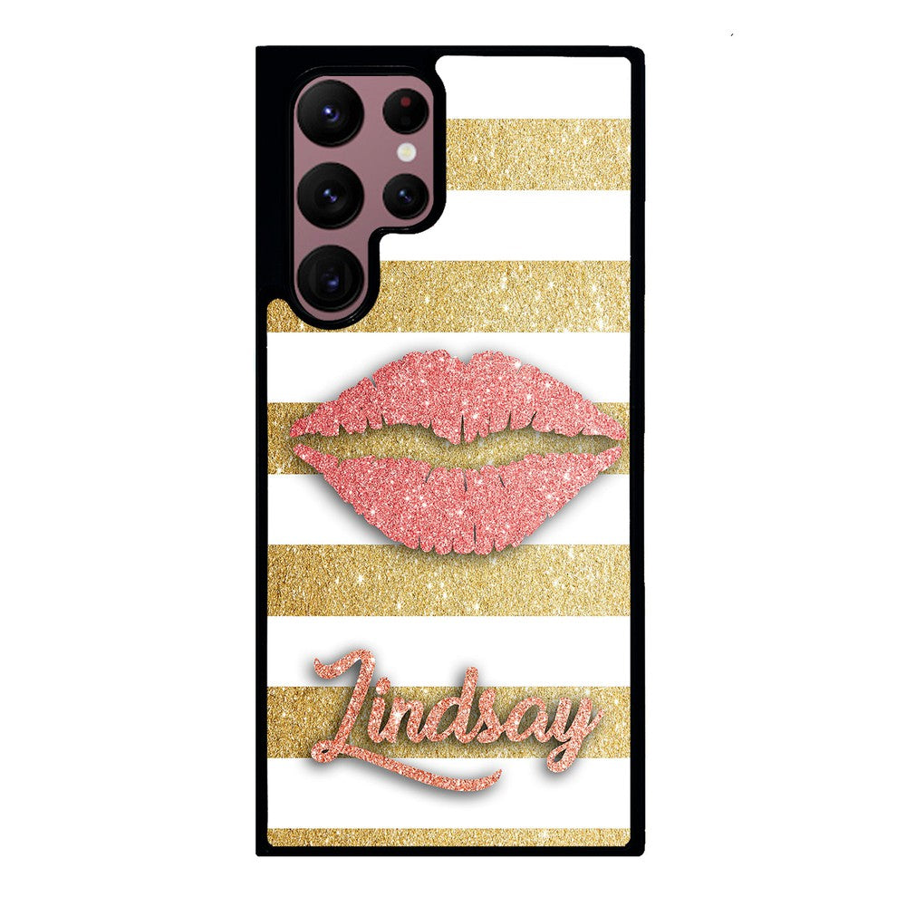 Red Glitter Lips Gold Bars Personalized Samsung Phone Case