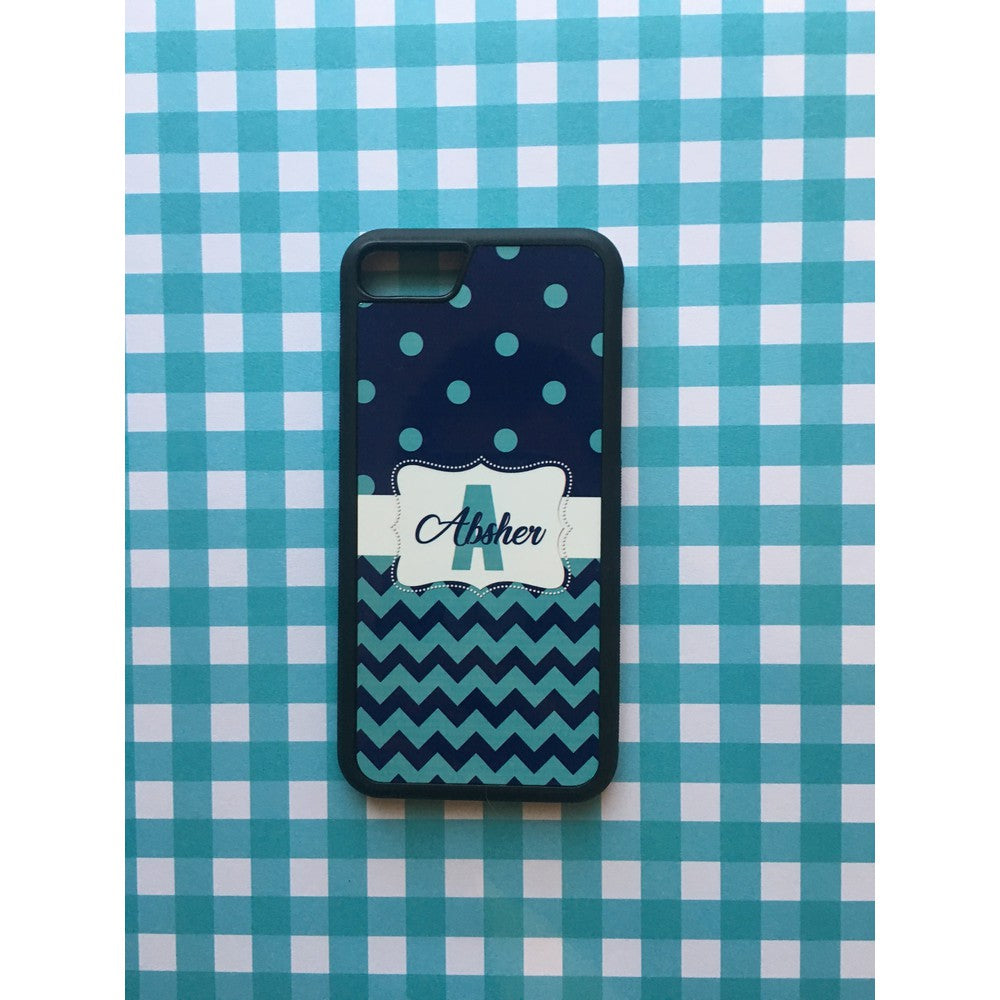 Teal Dark Blue Polka Dot Chevron Personalized Apple iPhone Case
