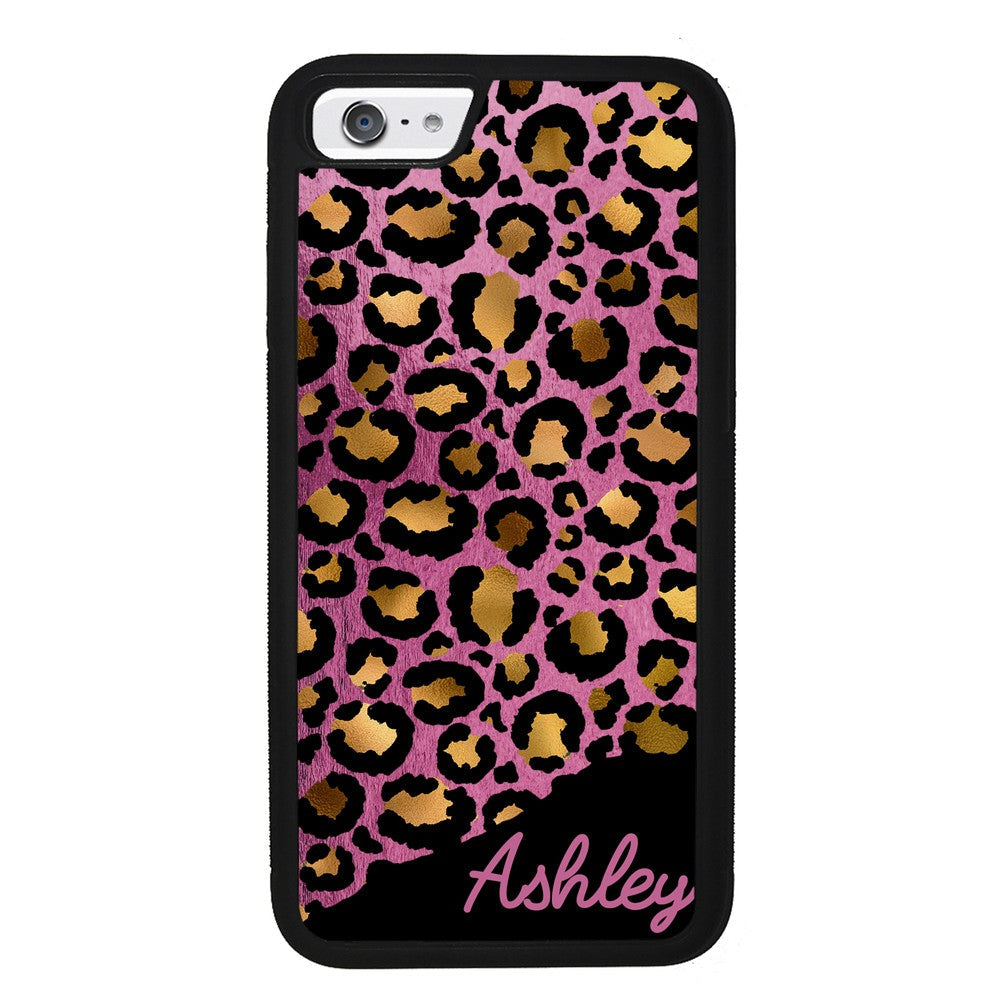 Leopard Skin Pink and Gold Foil Personalized Apple iPhone Case