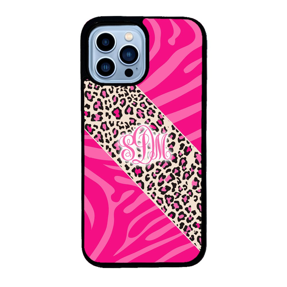 Pink Leopard and Zebra Animal Skin Monogram Apple iPhone Case