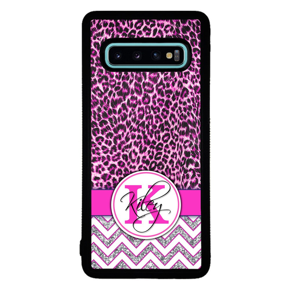 Pink Leopard Silver Glitter Personalized Samsung Phone Case