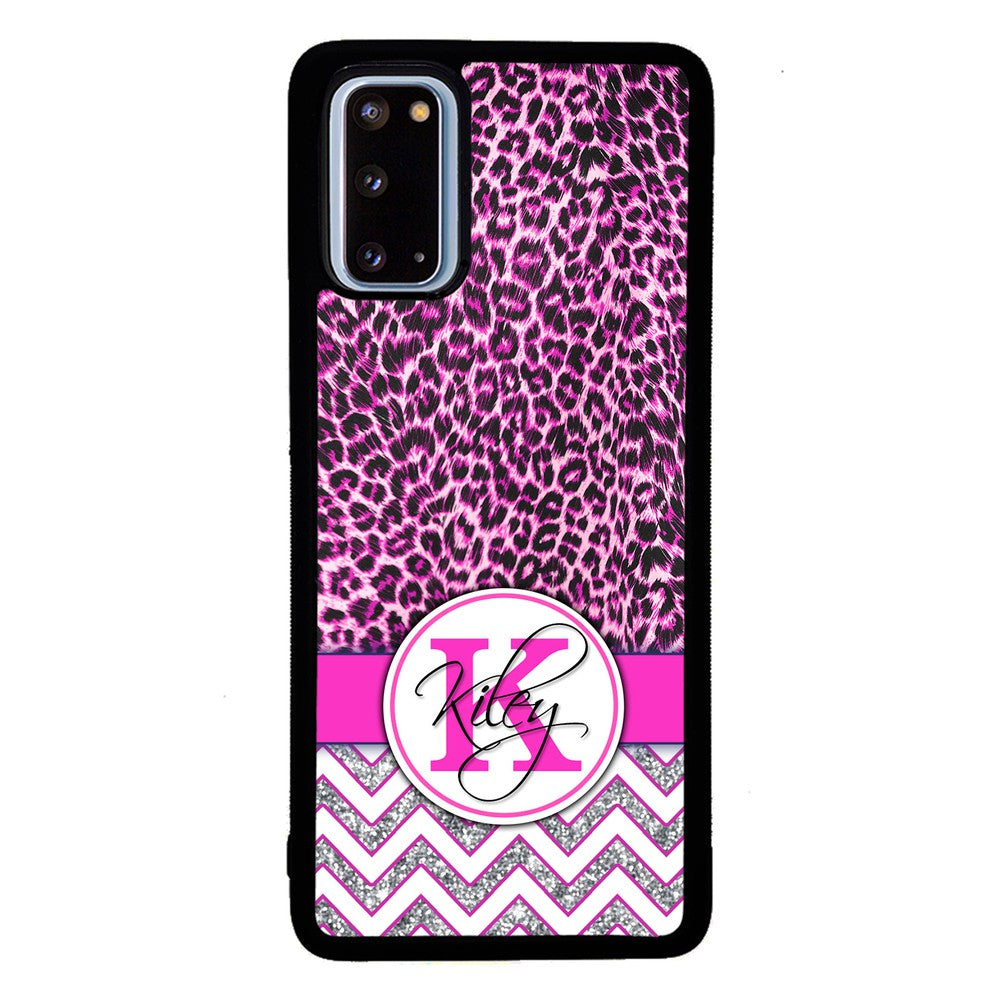 Pink Leopard Silver Glitter Personalized Samsung Phone Case