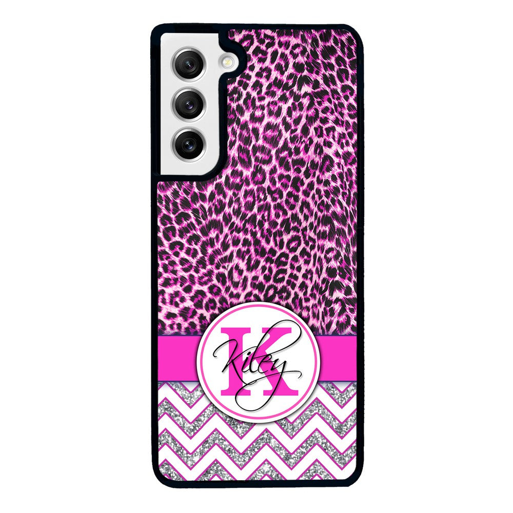 Pink Leopard Silver Glitter Personalized Samsung Phone Case