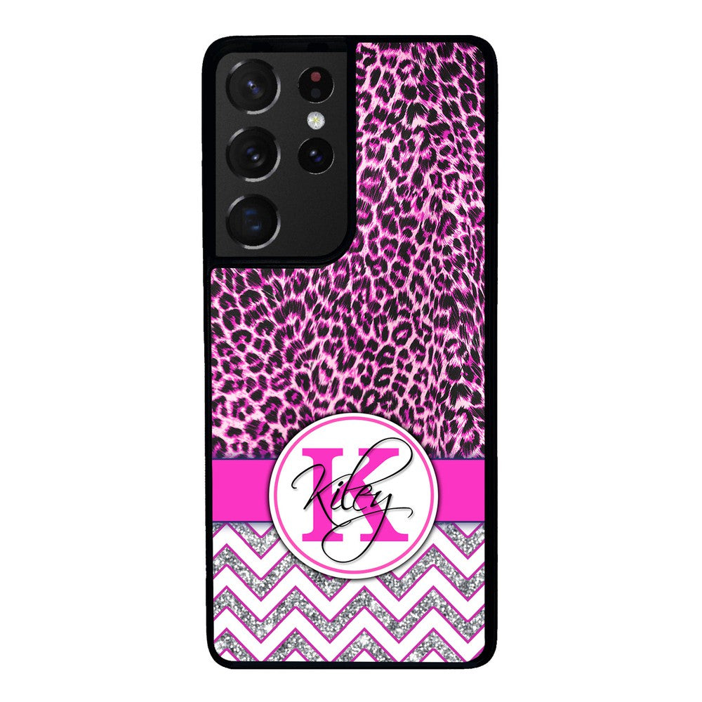 Pink Leopard Silver Glitter Personalized Samsung Phone Case