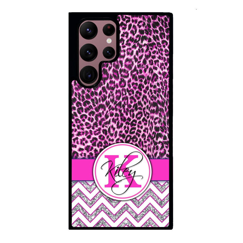 Pink Leopard Silver Glitter Personalized Samsung Phone Case