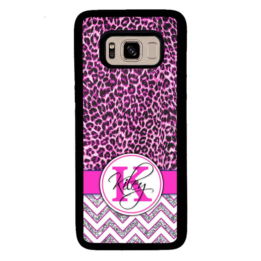 Pink Leopard Silver Glitter Personalized Samsung Phone Case