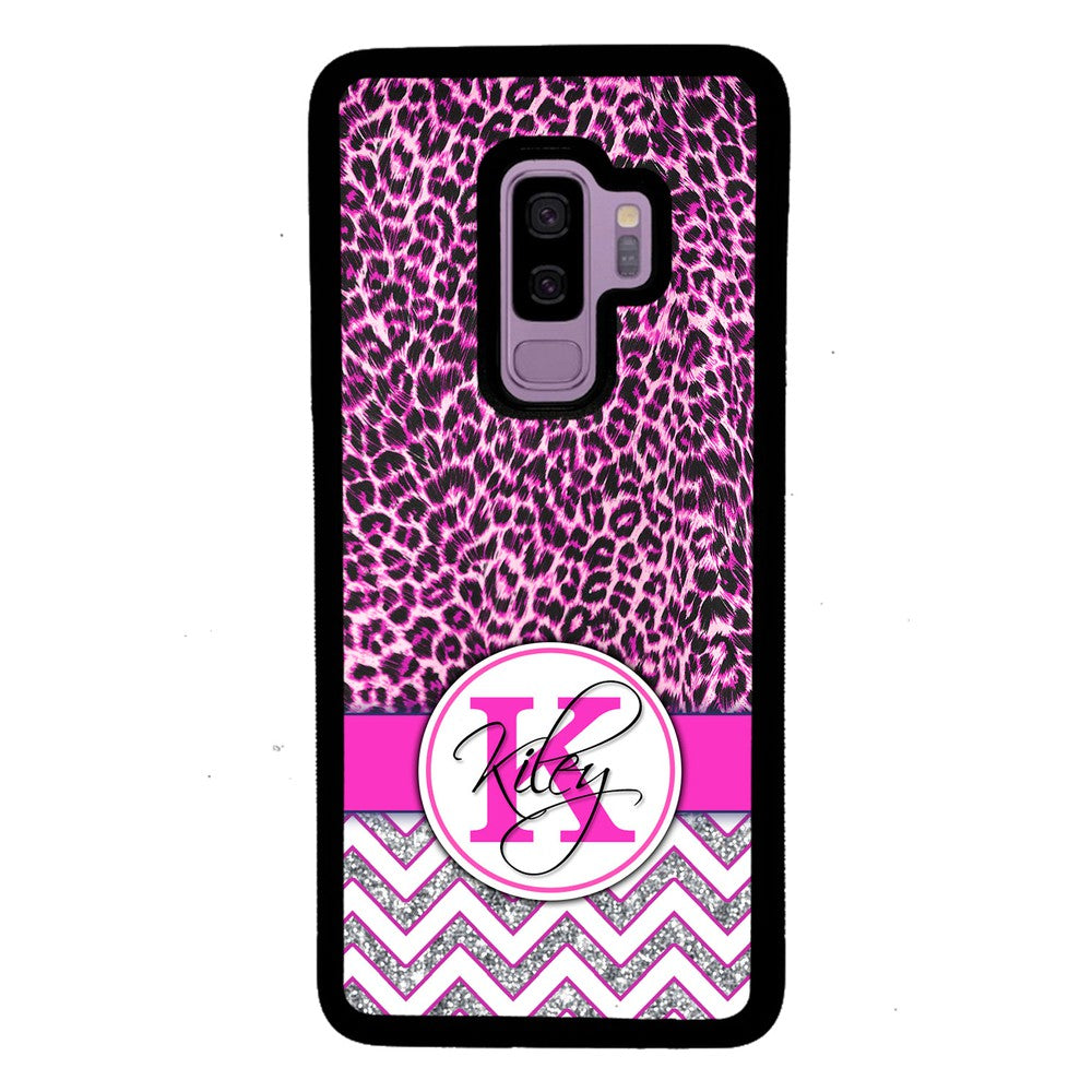 Pink Leopard Silver Glitter Personalized Samsung Phone Case