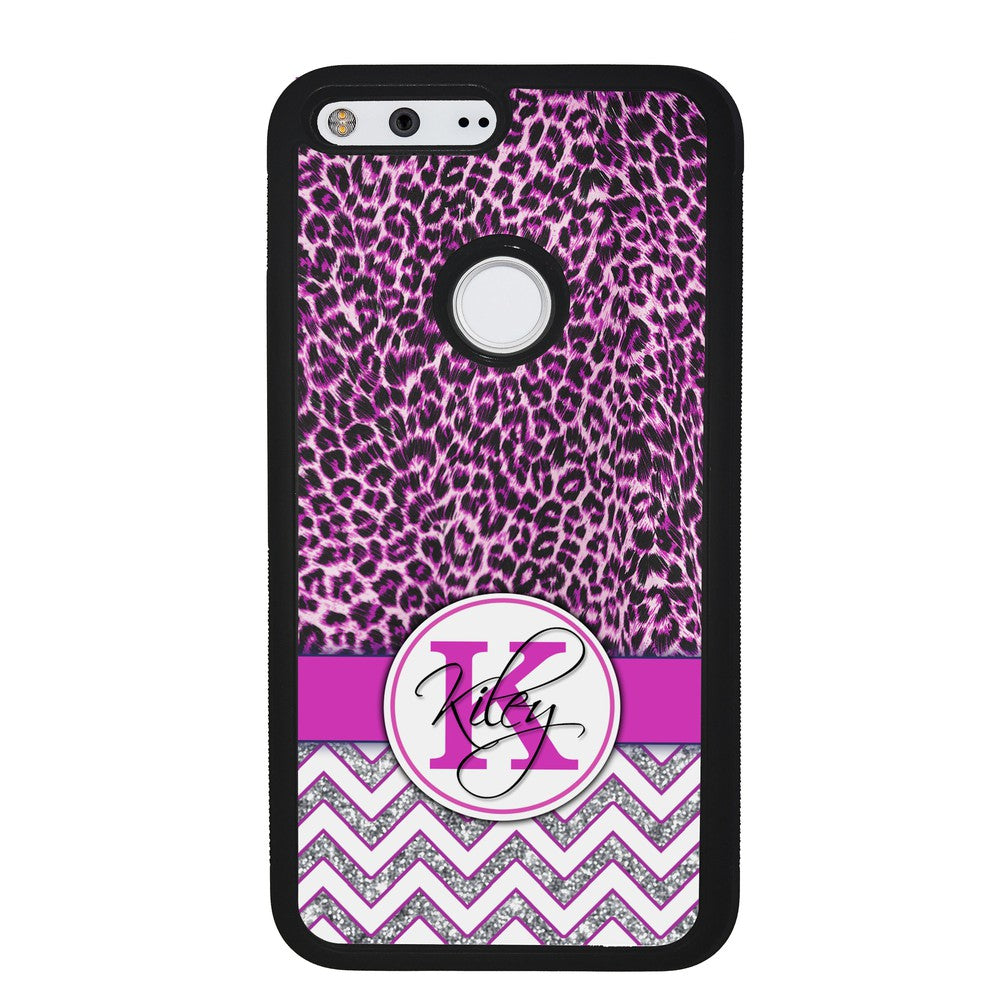 Pink Leopard Silver Glitter Personalized Google Phone Case