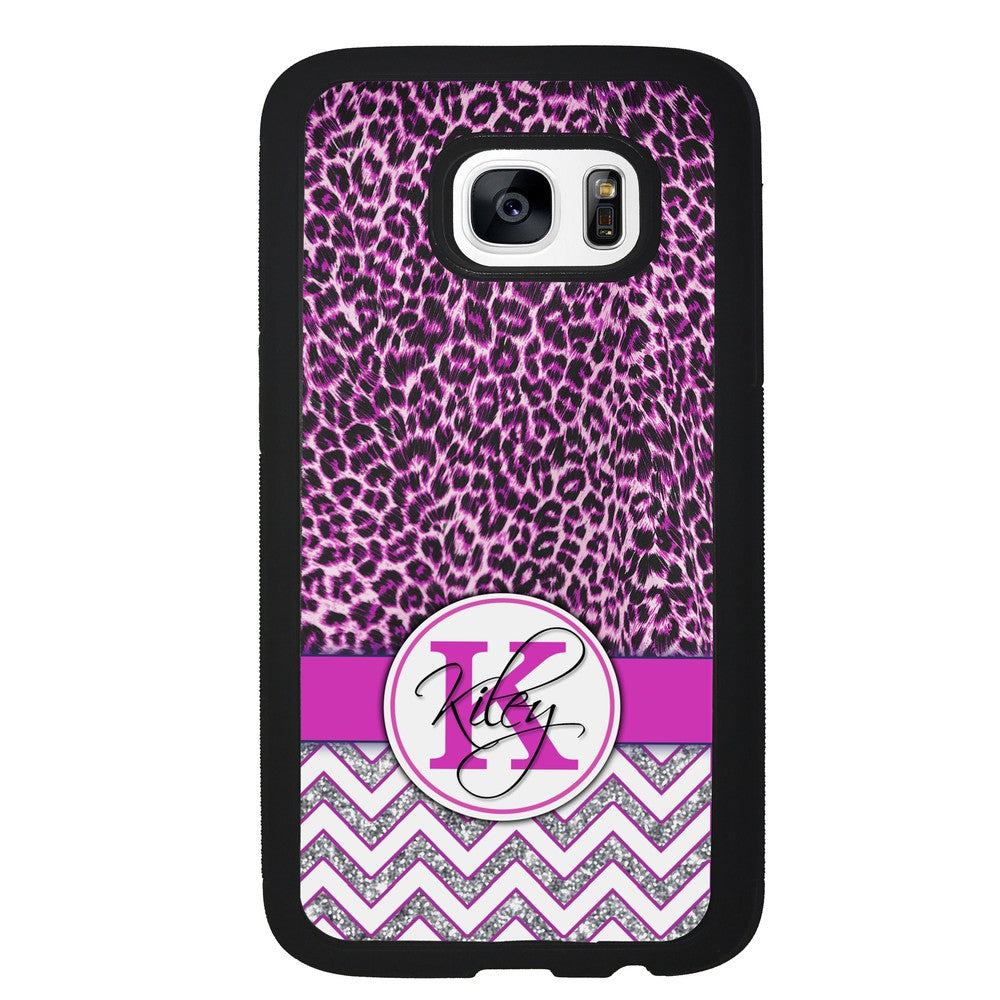 Pink Leopard Silver Glitter Personalized Samsung Phone Case