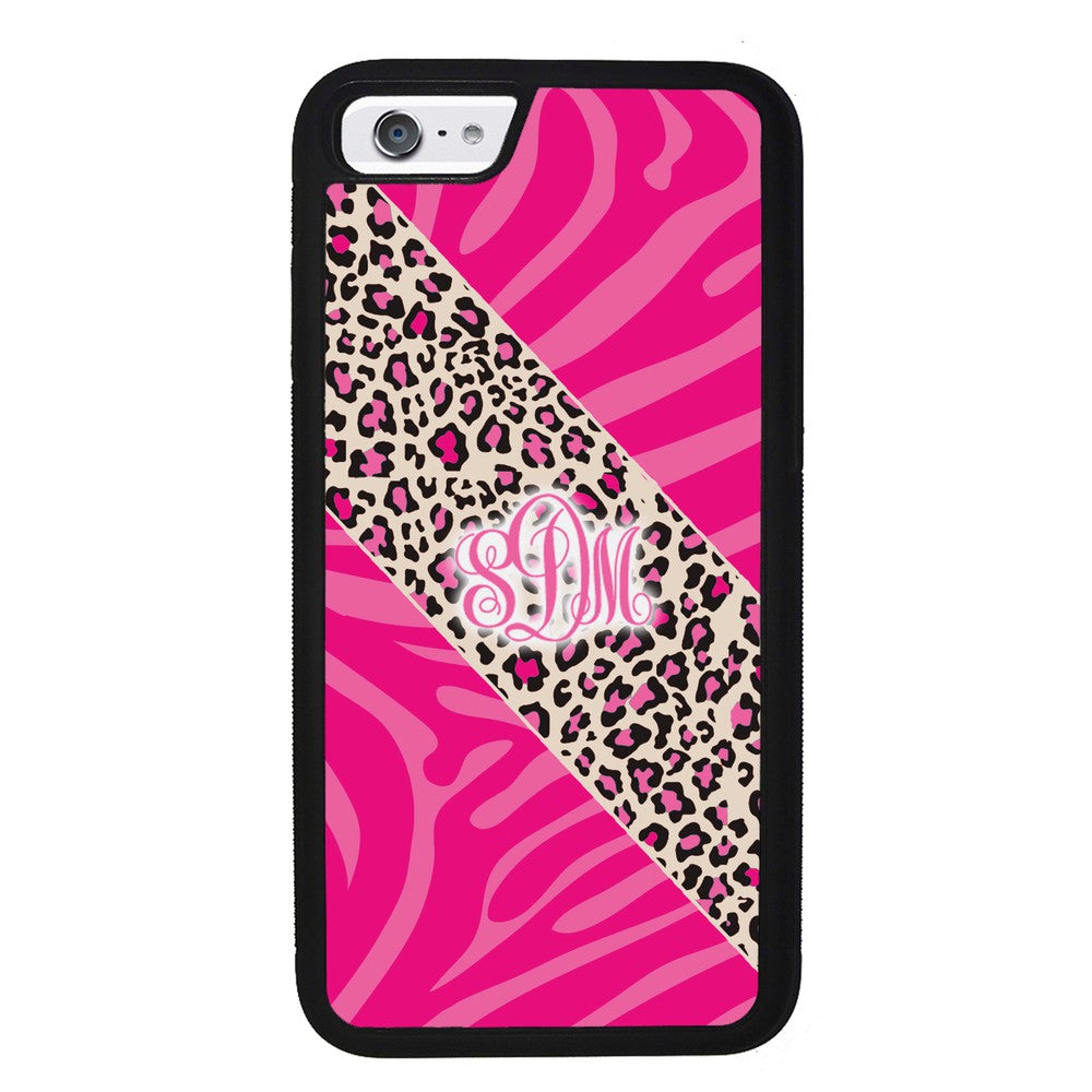 Pink Leopard and Zebra Animal Skin Monogram Apple iPhone Case