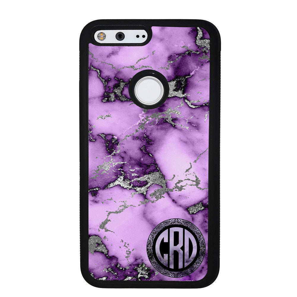 Purple and Silver Marble Monogram Google Phone Case