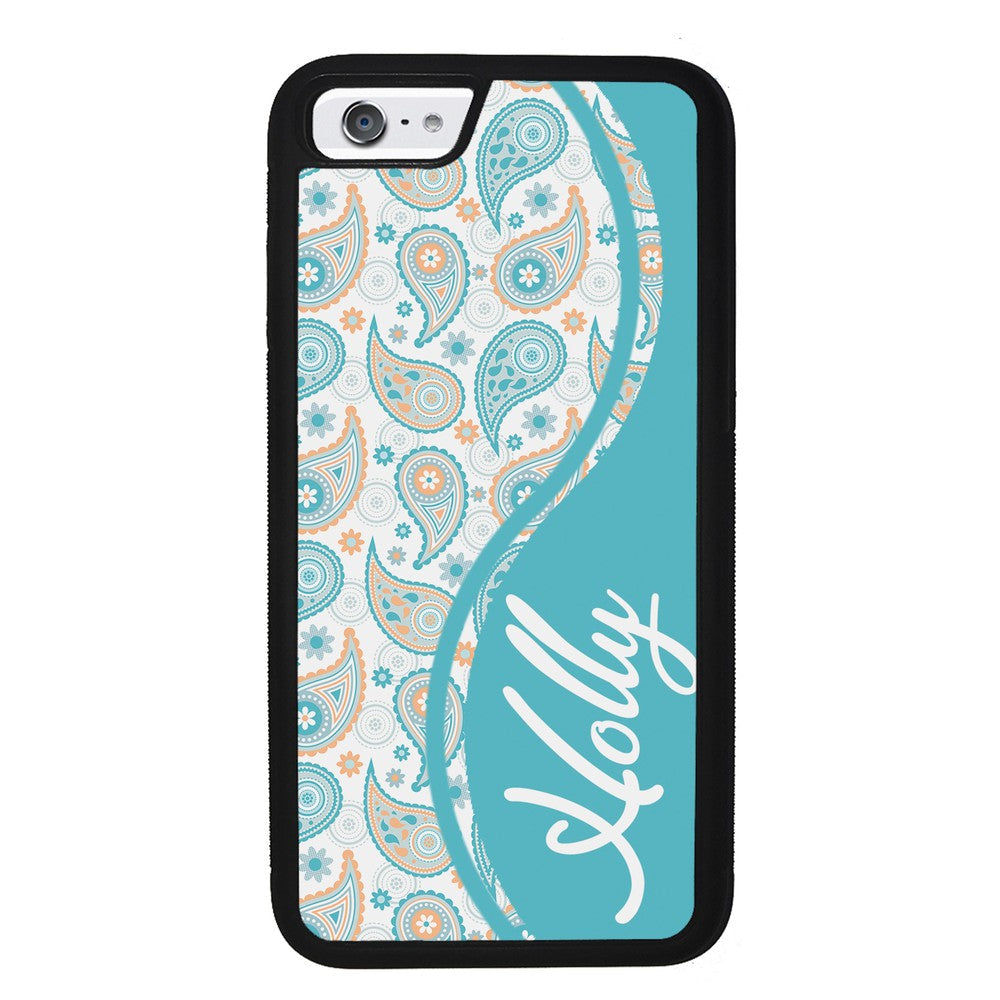 Teal Blue and Orange Paisley Personalized Apple iPhone Case