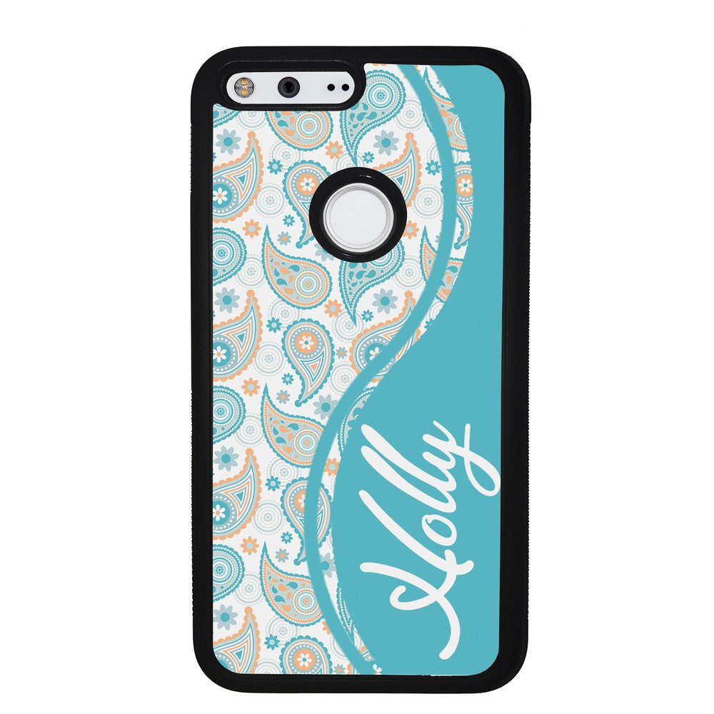Teal Blue and Orange Paisley Personalized Google Phone Case
