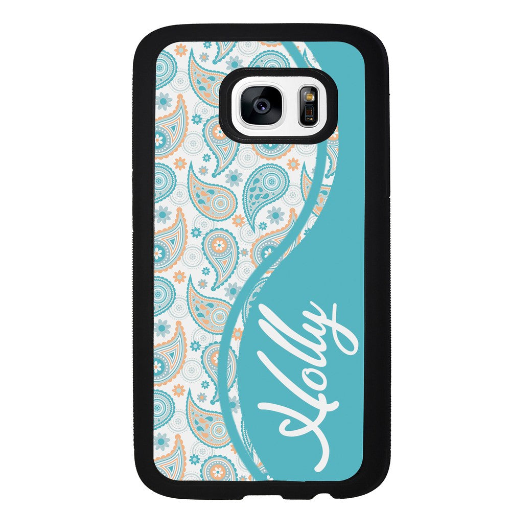 Teal Blue and Orange Paisley Personalized Samsung Phone Case