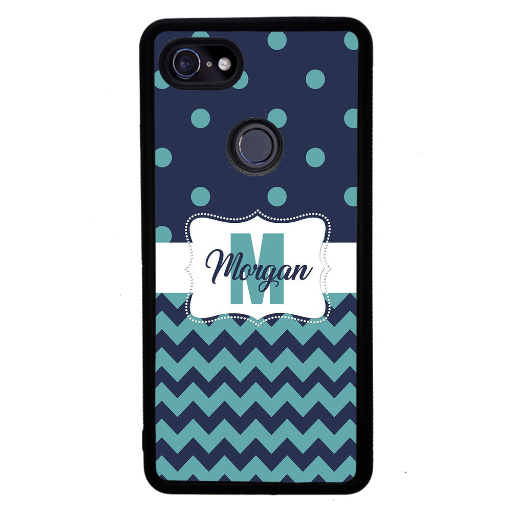 Teal Dark Blue Polka Dot Chevron Personalized Google Phone Case