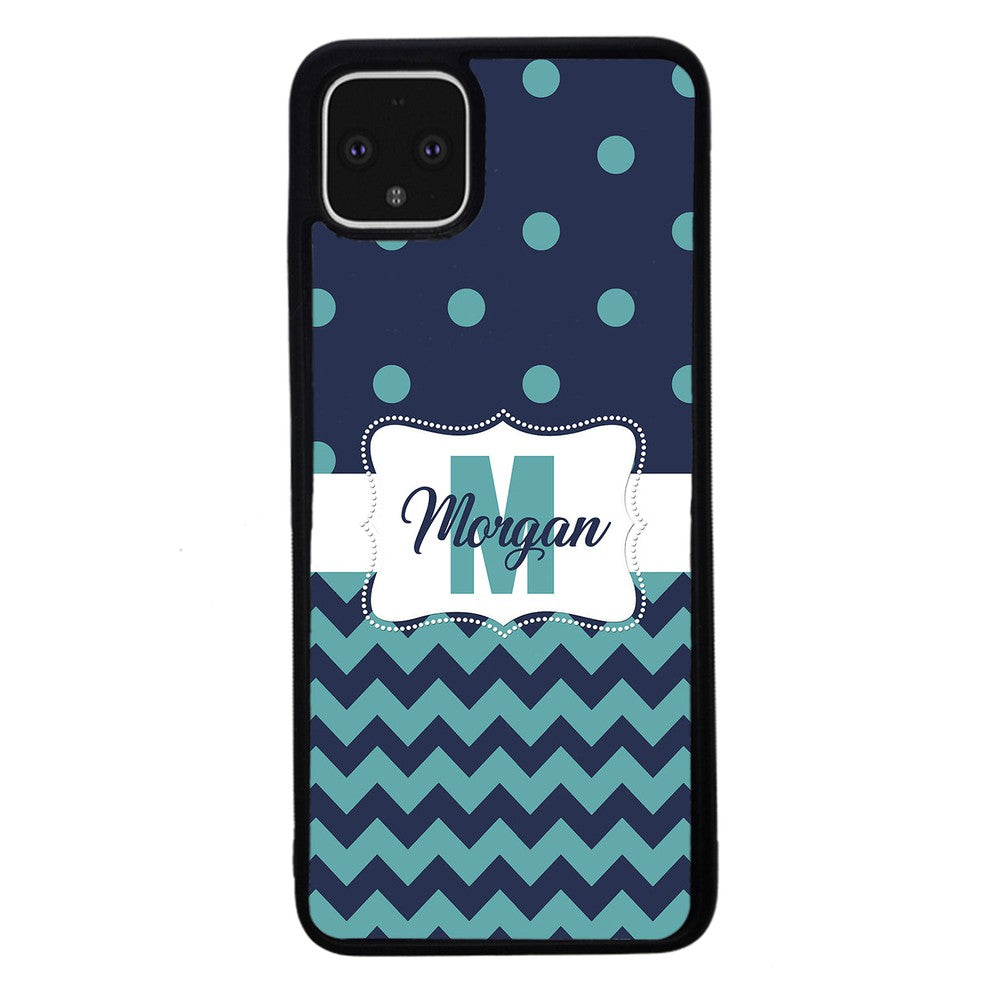 Teal Dark Blue Polka Dot Chevron Personalized Google Phone Case