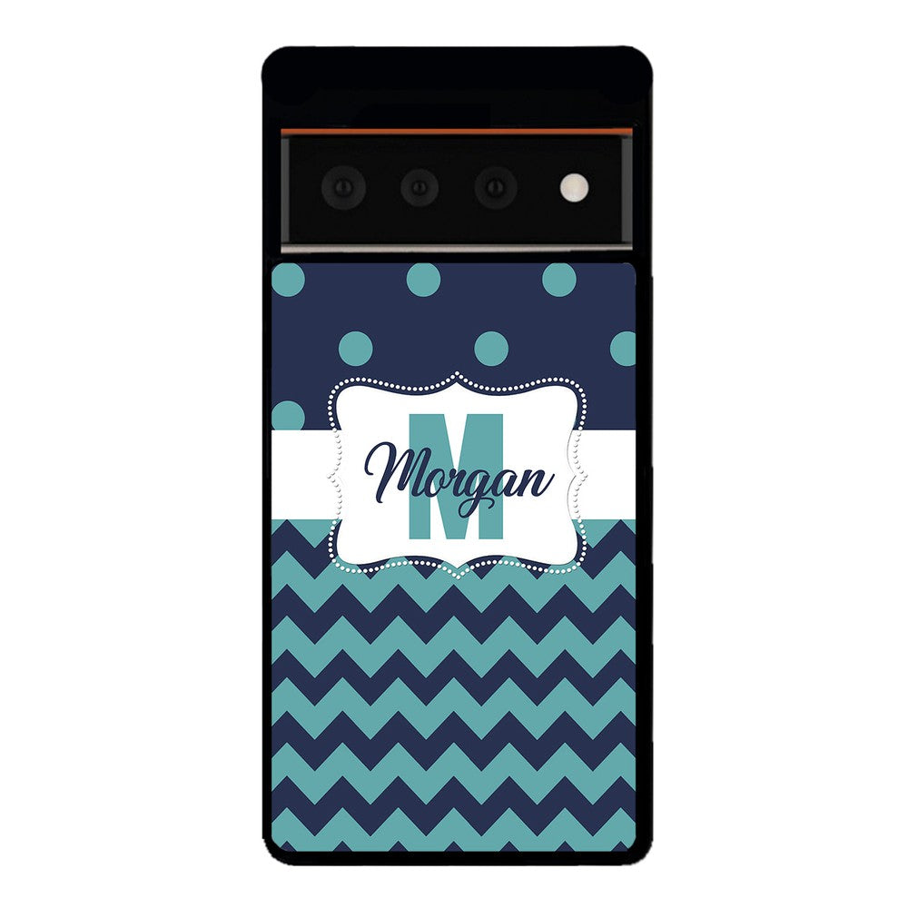 Teal Dark Blue Polka Dot Chevron Personalized Google Phone Case