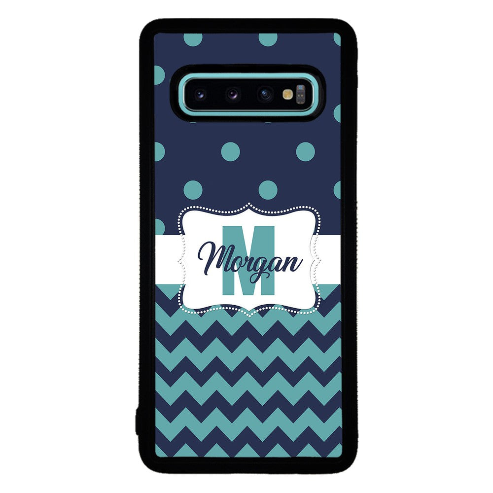 Teal Dark Blue Polka Dot Chevron Personalized Samsung Phone Case