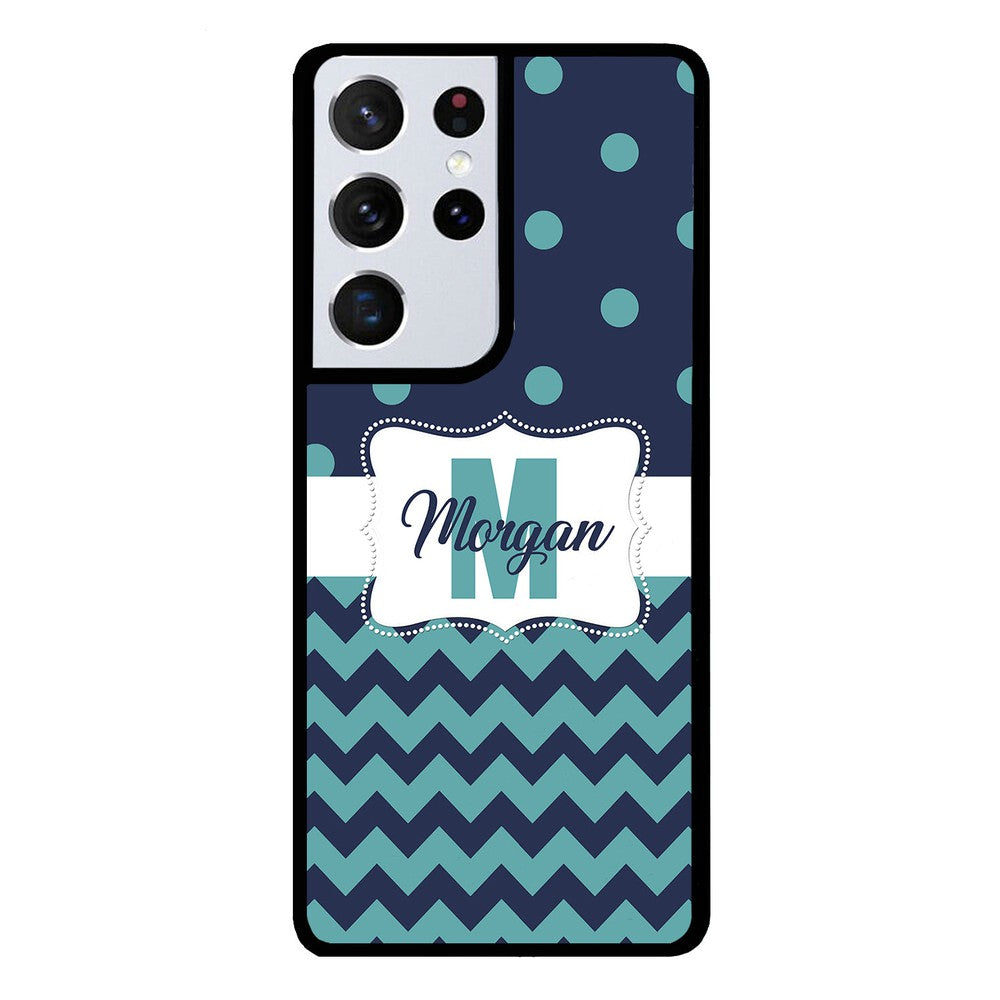 Teal Dark Blue Polka Dot Chevron Personalized Samsung Phone Case