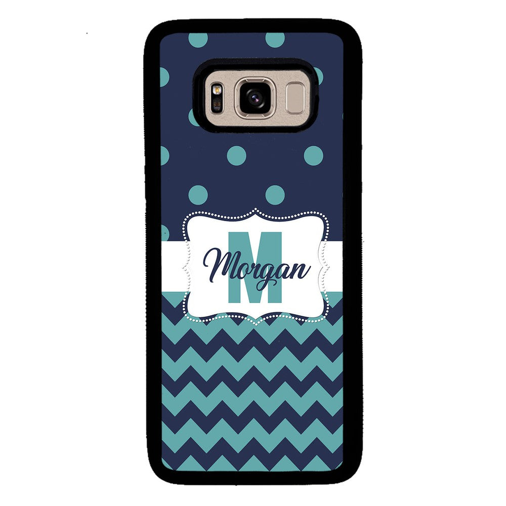 Teal Dark Blue Polka Dot Chevron Personalized Samsung Phone Case