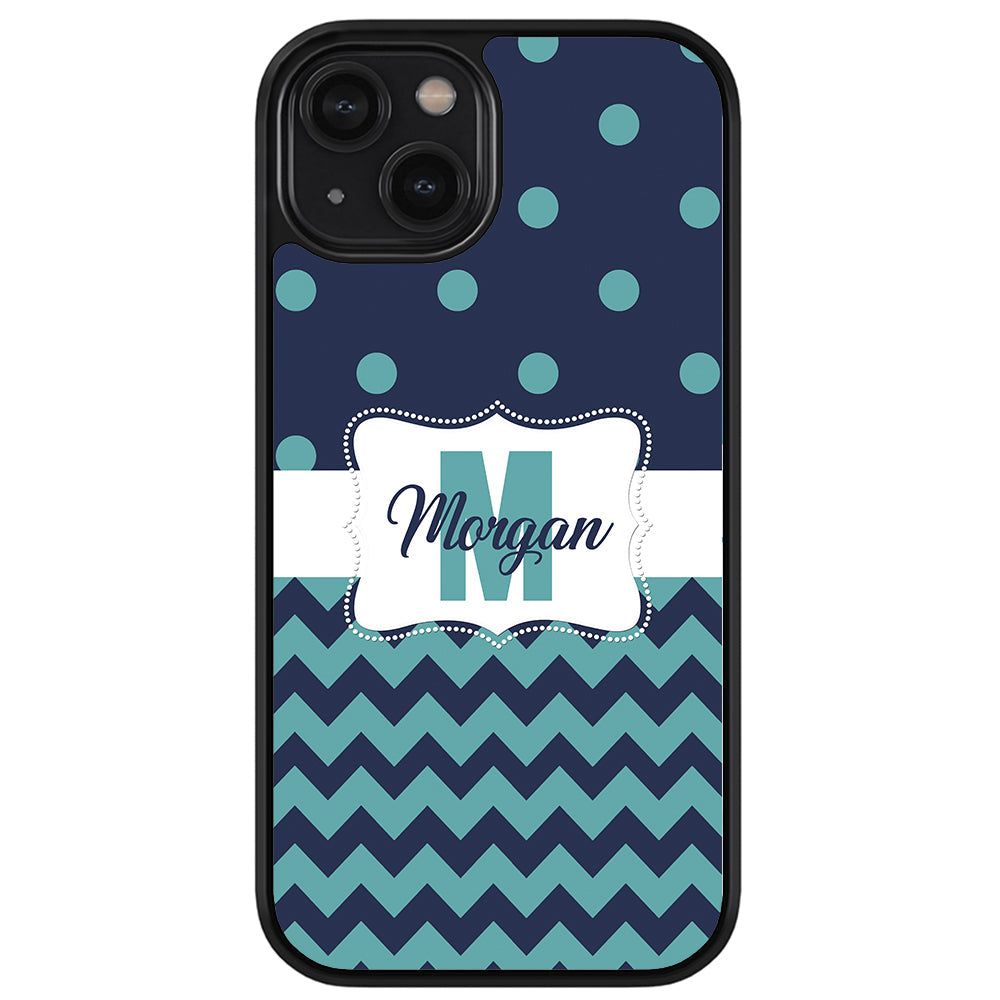 Teal Dark Blue Polka Dot Chevron Personalized Apple iPhone Case