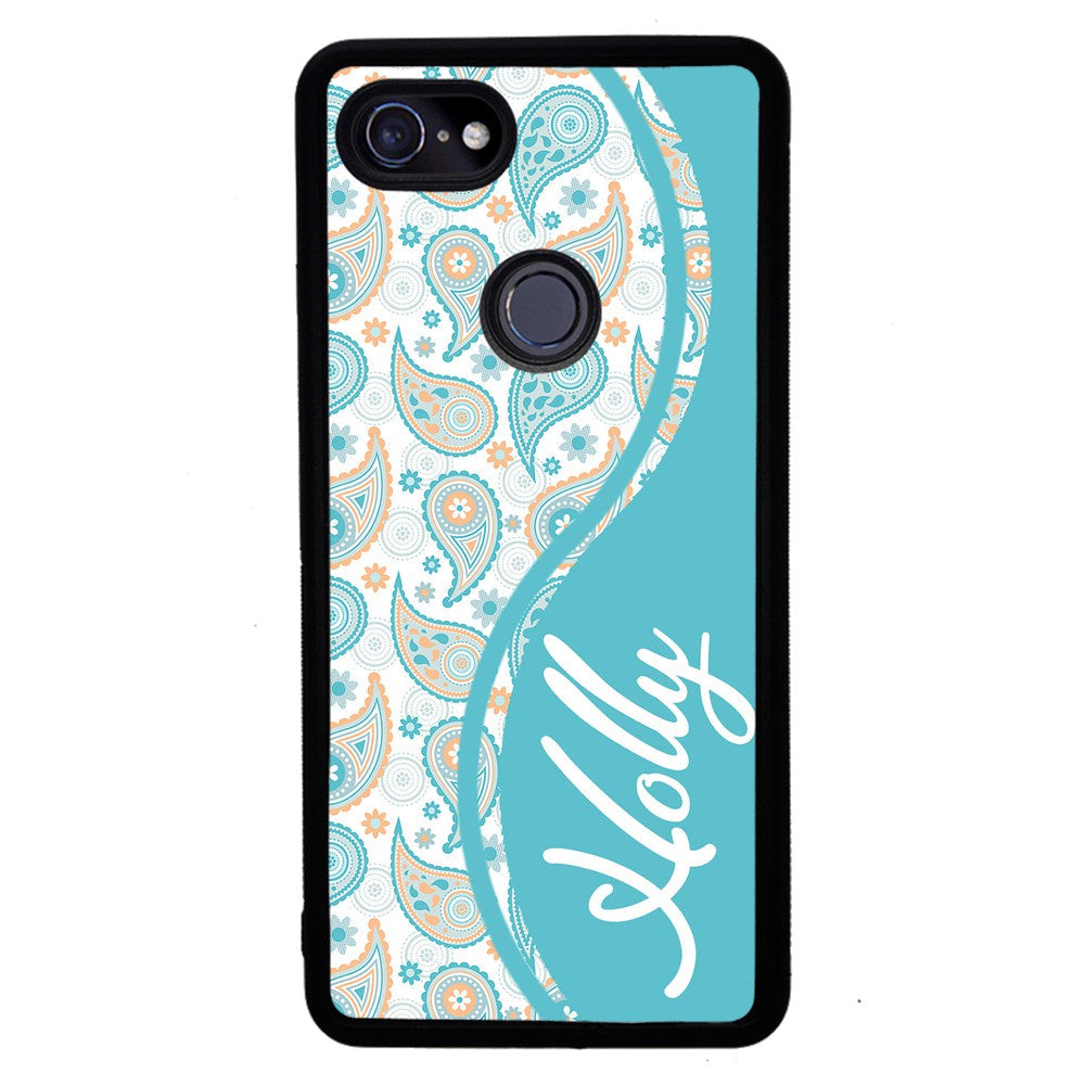 Teal Blue and Orange Paisley Personalized Google Phone Case