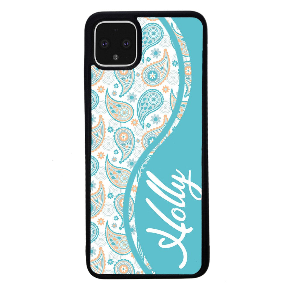 Teal Blue and Orange Paisley Personalized Google Phone Case