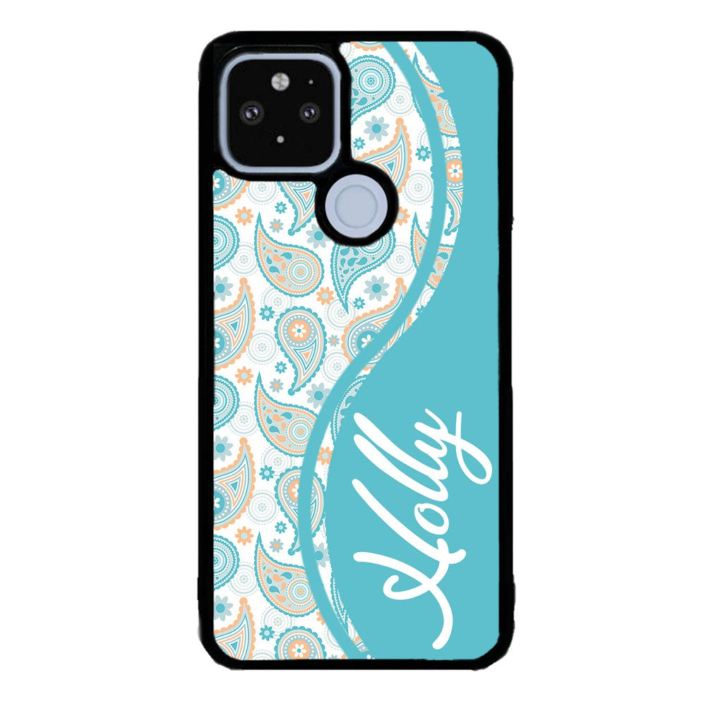 Teal Blue and Orange Paisley Personalized Google Phone Case