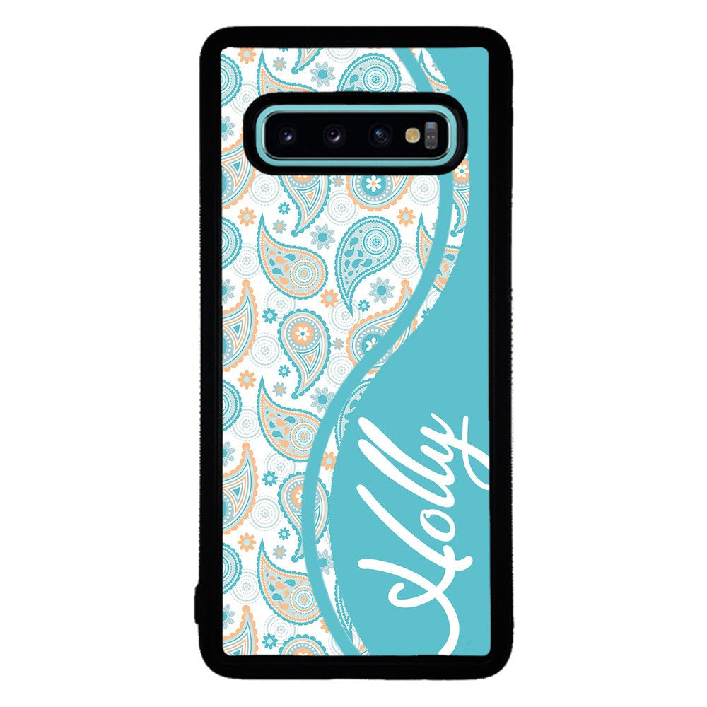 Teal Blue and Orange Paisley Personalized Samsung Phone Case