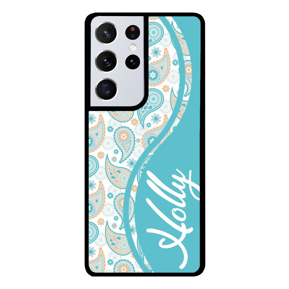 Teal Blue and Orange Paisley Personalized Samsung Phone Case