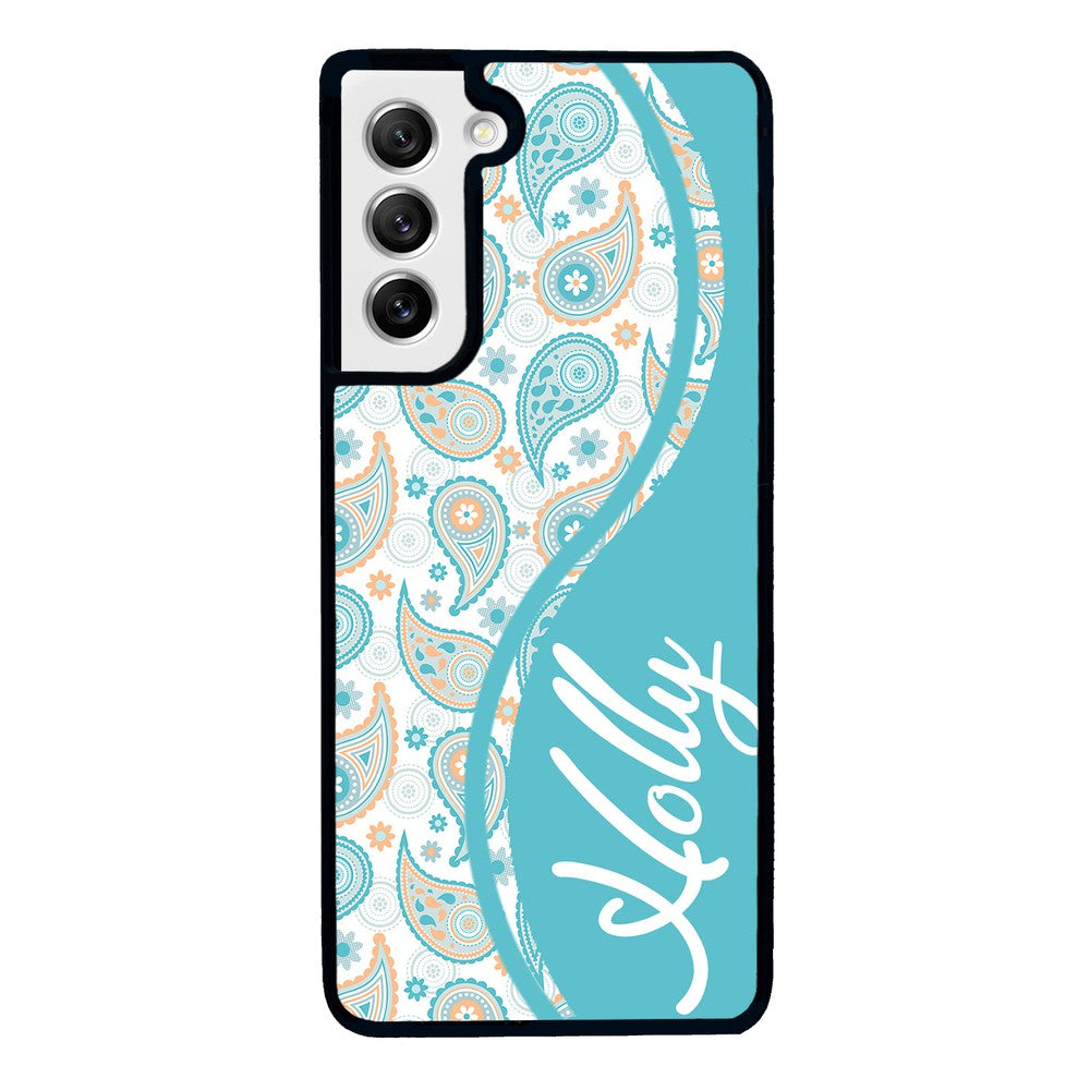Teal Blue and Orange Paisley Personalized Samsung Phone Case