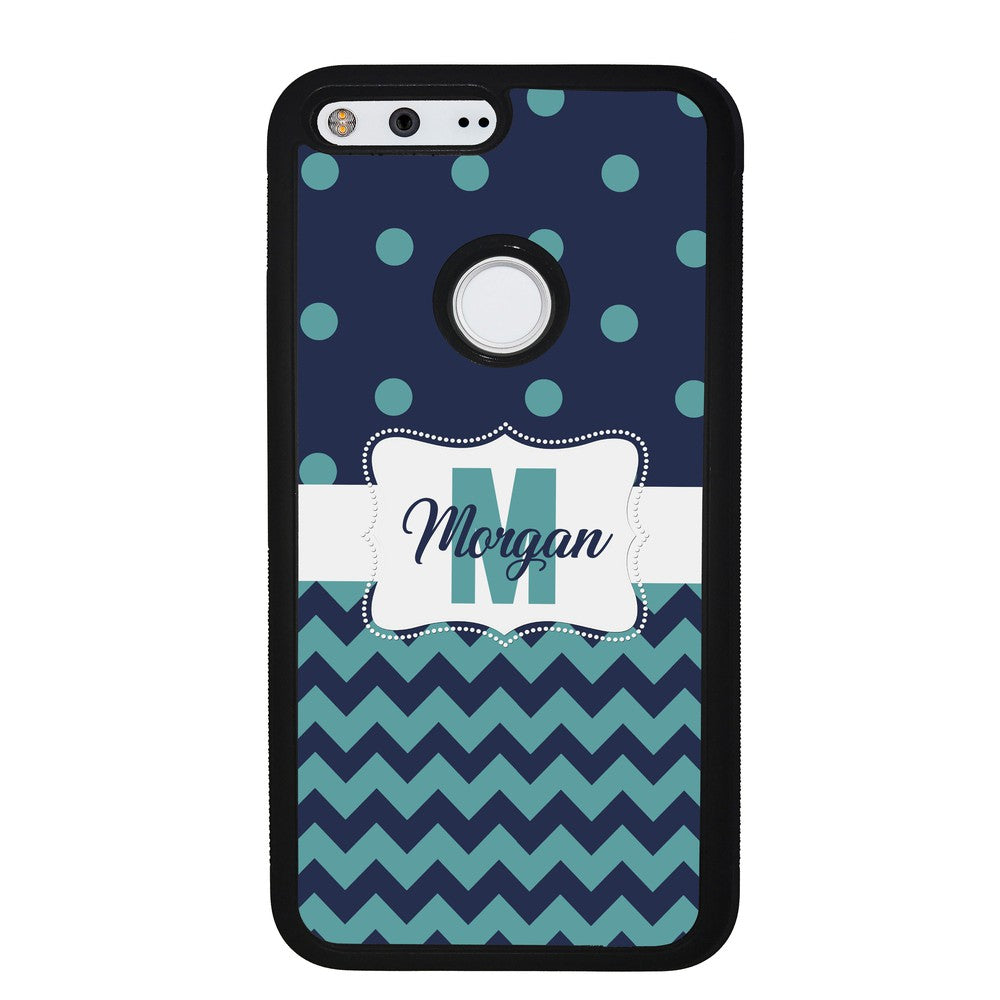 Teal Dark Blue Polka Dot Chevron Personalized Google Phone Case