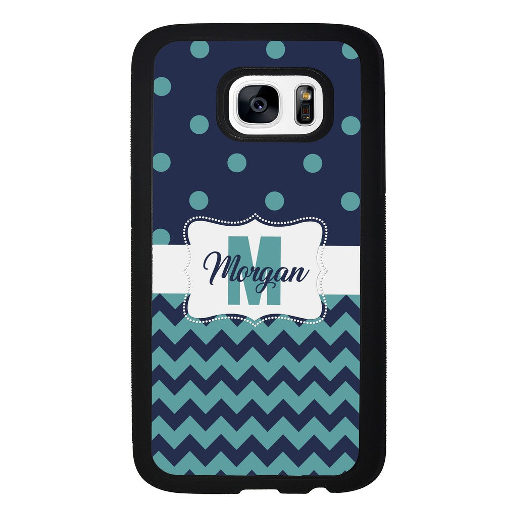 Teal Dark Blue Polka Dot Chevron Personalized Samsung Phone Case